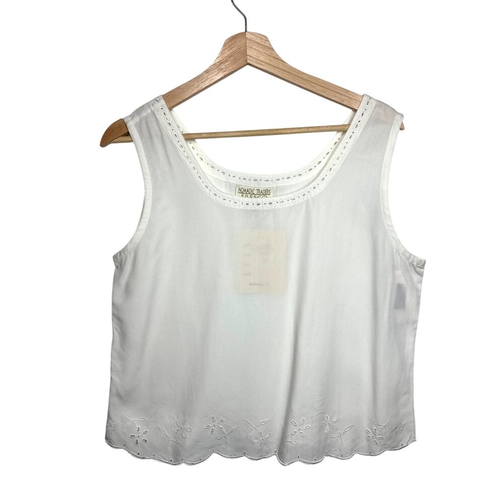 Nomadic Traders Fresco Eyelet Scallop Tank White Boho Sz M Vintage Deadstock 90s